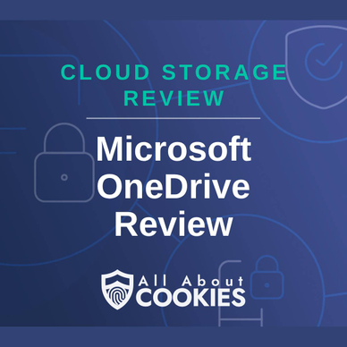 A blue background with locks and the text "Microsoft OneDrive Review"