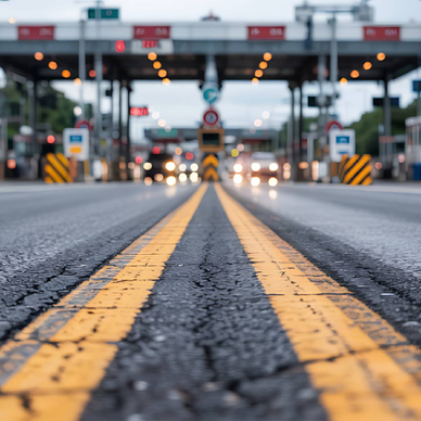 Approaching a busy toll plaze on a highway