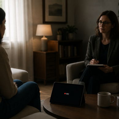 Therapist speaking to patient while her tablet records.