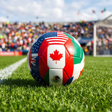 Football world cup soccer ball decorated with flags of 2026 hosts on green soccer field