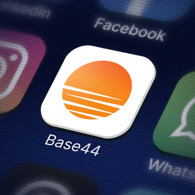 Closeup of Base44 app icon on smartphone screen