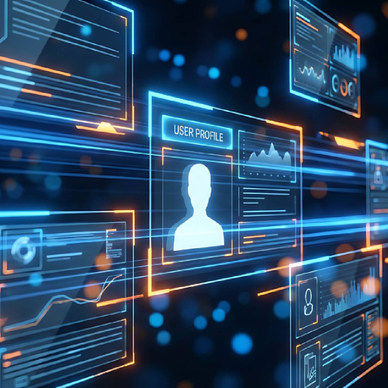 Futuristic image of data profiles on holographic screen