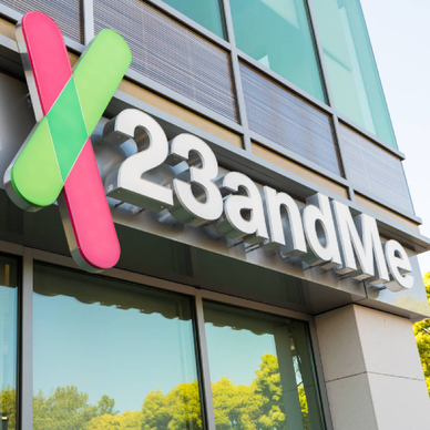 A closeup of 23andMe logo on headquarters building