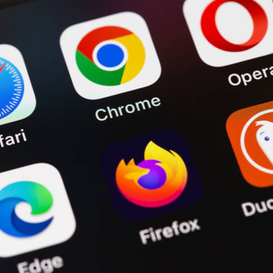 Closeup of browser apps on smartphone like Chrome, Firefox, Edge