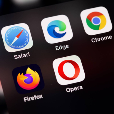 Closeup of browser apps for Safari, Edge, Chrome, Firefox, and Opera on smartphone