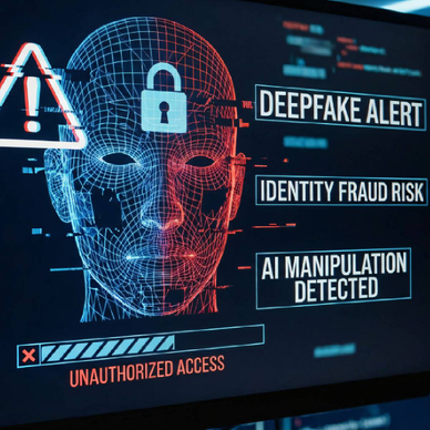 concept of AI generated face on holographic screen with text "deepfake alert," "identity fraud risk," and "AI manipulation detected"