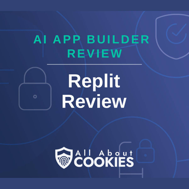 A blue background with locks and the text "AI App Builder Review: Replit Review"