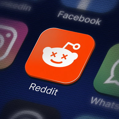 The Reddit app icon with Xs over the eyes.
