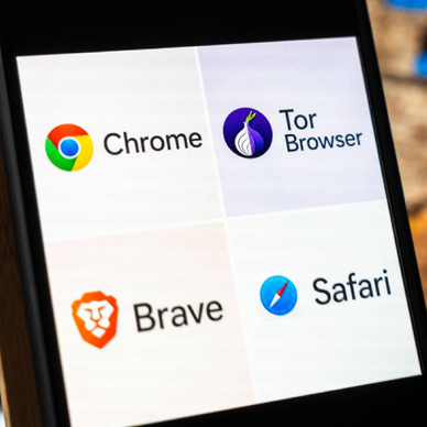 Display of various web browsers like Chrome, Tor, Brave, and Safari closeup on smartphone screen