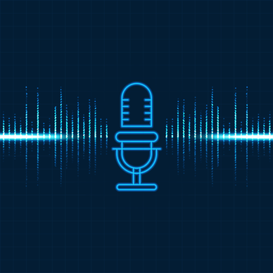 Glowing neon microphone with dynamic audio waveform and particle sound signals on dark blue grid background.