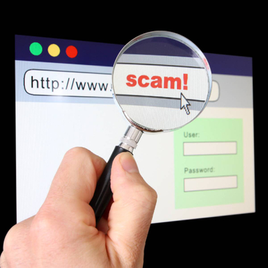 Magnifying glass showing scam in web page URL