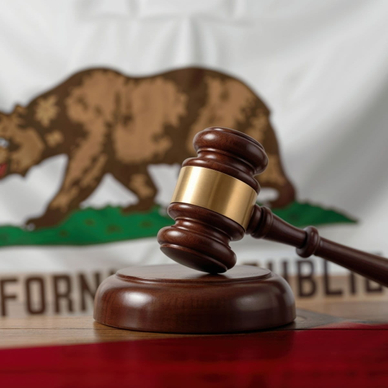 A gavel before the Californian flag.