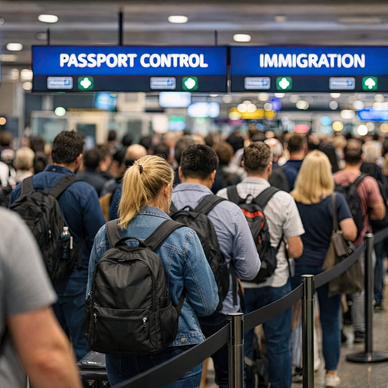 Long queue of passengers at airport passport control and immigration checkpoint.