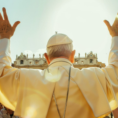 Behind-view of the pope addressing a crowd of people.