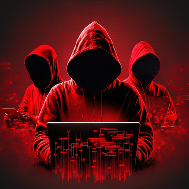 Faceless hackers in red shadows using laptops.
