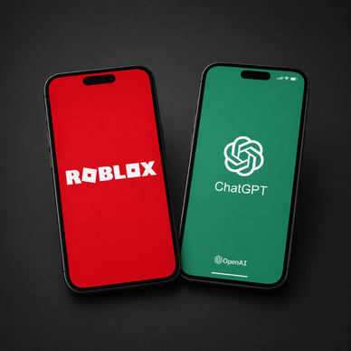 Two phone screens with Roblox and ChatGPT logos.