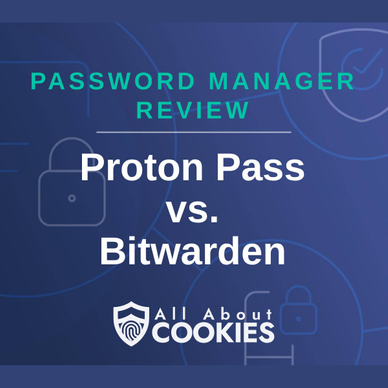 A blue background with locks and the text "Proton Pass vs. Bitwarden"