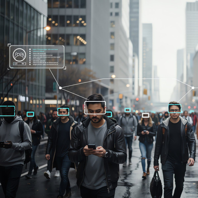 Crowd of people walking through a city street, with digital facial recognition overlays highlighting their faces.