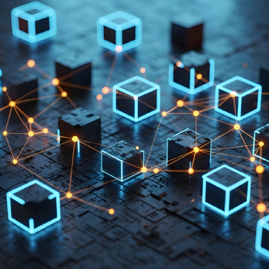 Abstract digital network of interconnected glowing data blocks representing blockchain technology and decentralized information systems