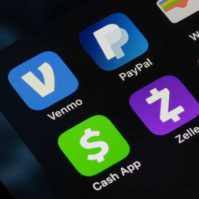 Closeup of P2P apps like Venmo, PayPap, CashApp, and Zelle on iPhone