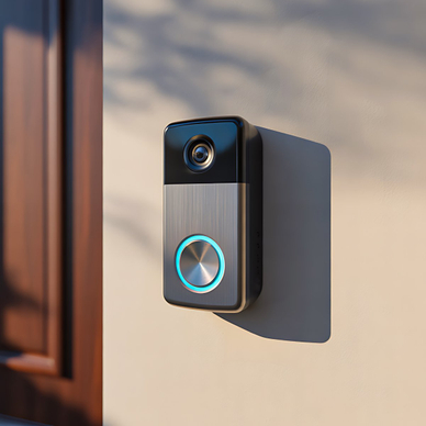 Smart video doorbell installed beside residential front entrance door.
