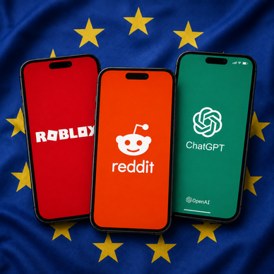 Three phone screens with Roblox, Reddit, and ChatGPT logos over the EU flag.