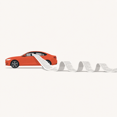 Car driving with a lengthy policy policy falling out of its driver side window.