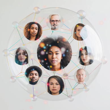 Clear sphere featuring diverse people's portraits connected