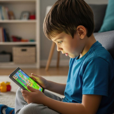 A young boy playing Minecraft on a tablet sitting on the floor