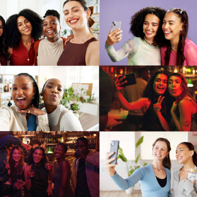 A collage of six photos taken from camera roll of selfies and team pics