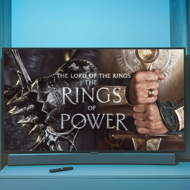 Smart TV displaying 'The Lord of the Rings, The Rings of Power' with blue background