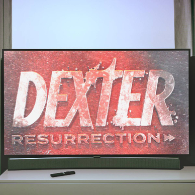 Flat screen TV showing Dexter Resurrection title screen in a dark room with curtains and TV remote on cabinet
