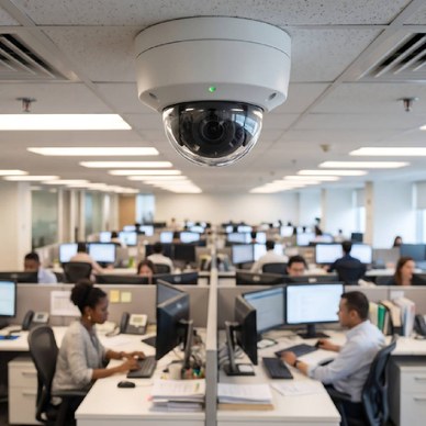 Professional security dome camera installed on office ceiling monitoring open plan workspace with diverse team of employees working at computers in background