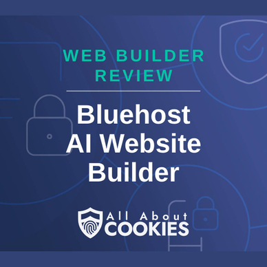 A blue background with locks and the text "Web Builder Review: Bluehost AI Website Builder"