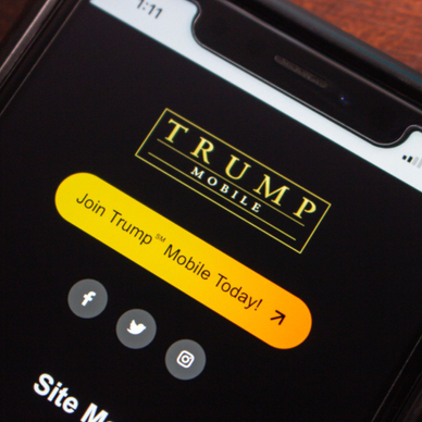 Smartphone screen displaying Trump Mobile’s call-to-action website page with yellow “Join Today” button and social media icons.