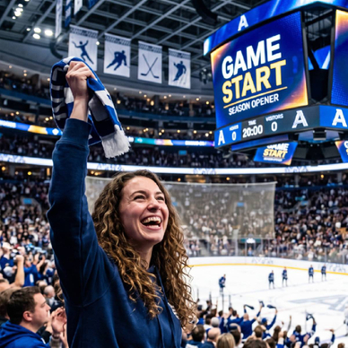 Woman cheering and waving a scarf at an indoor hockey game crowded arena