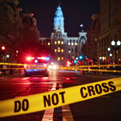 Philadelphia downtown at night building in background with police do not cross tape in foreground