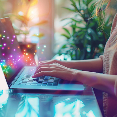 Woman typing on laptop with sparkles indicating erasure coming out of screen