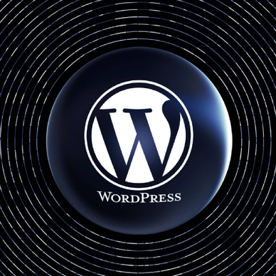Large WordPress logo framed by black and navy and gray circular record-like design