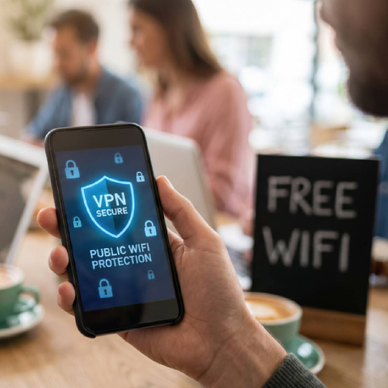 VPN privacy safety smartphone security concept. Person using a smartphone with VPN protection in a café offering free WiFi