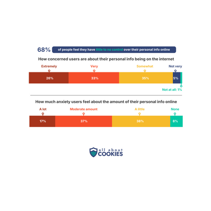 Bar charts showing that 68% of people feel they have little to no control over their personal data online, and most users report at least some anxiety about their online footprint.