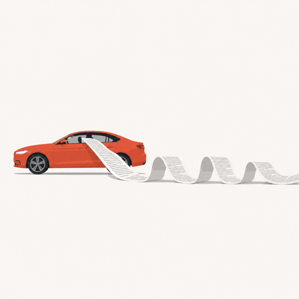 Car driving with a lengthy policy policy falling out of its driver side window.