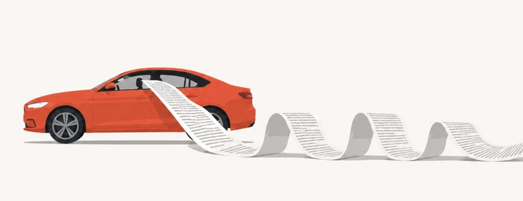 Car driving with a lengthy policy policy falling out of its driver side window.