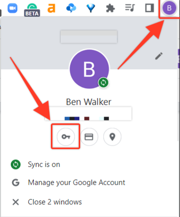 A screenshot of the Google Chrome profile menu and the passwords button, shown a a key, highlighted with a red box.