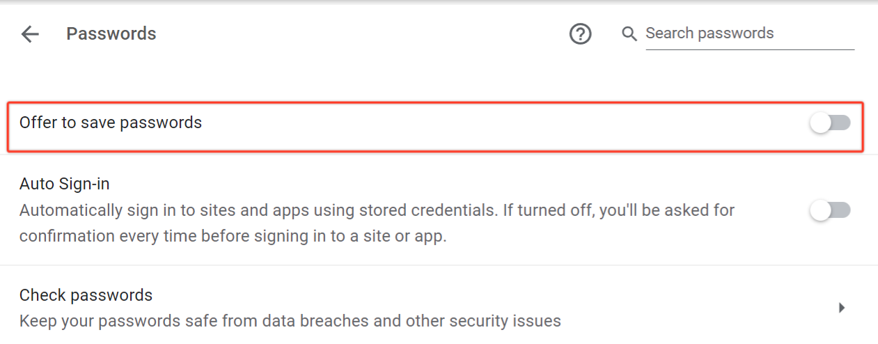 A screenshot of the Google Password Manager menu with the offer to save passwords option toggled off.