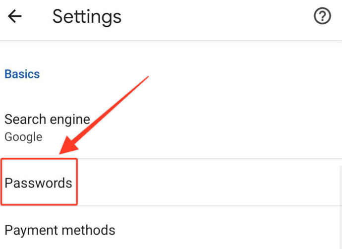 A screenshot of Google Password Manager settings on an Android device showing the Passwords button highlighted with a red square.