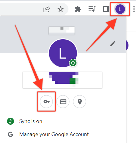 A screenshot of a Google Chrome profile menu with the passwords icon, shown as a key, highlighted with a red box.