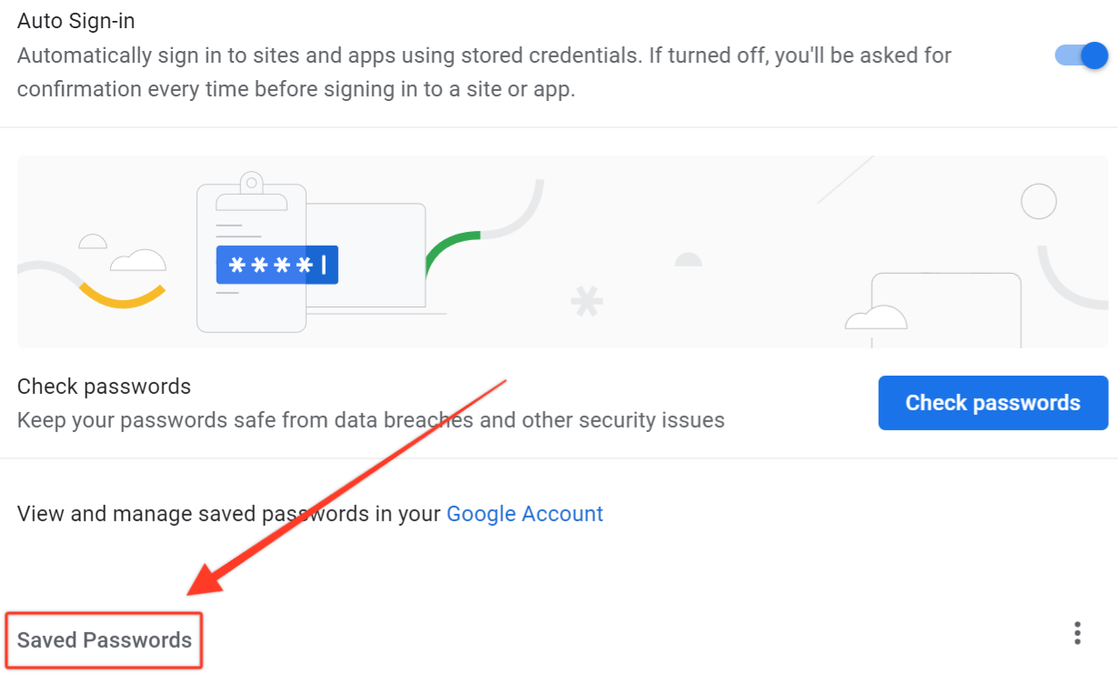 A screenshot of the Google Password Manager menu with the Saved Passwords button highlighted with a red box.