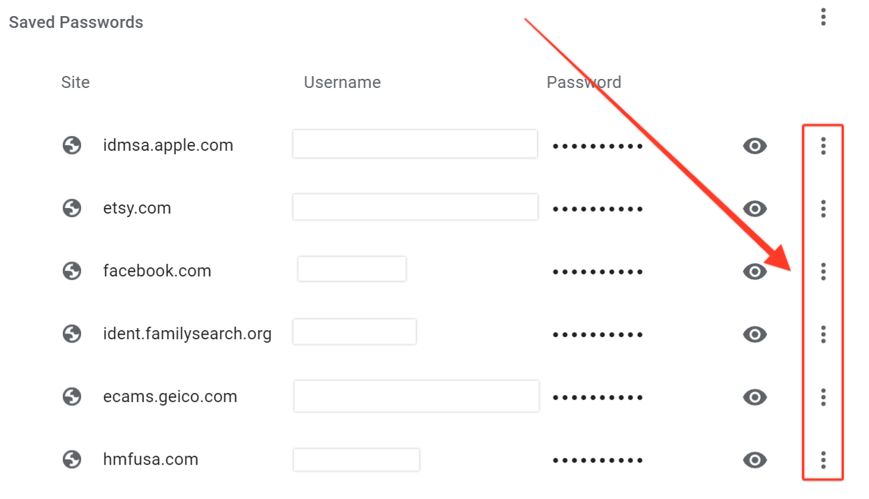 A screenshot of a list of saved passwords in Google Password Manager and the options menu beside each site's saved password highlighted with a red box.