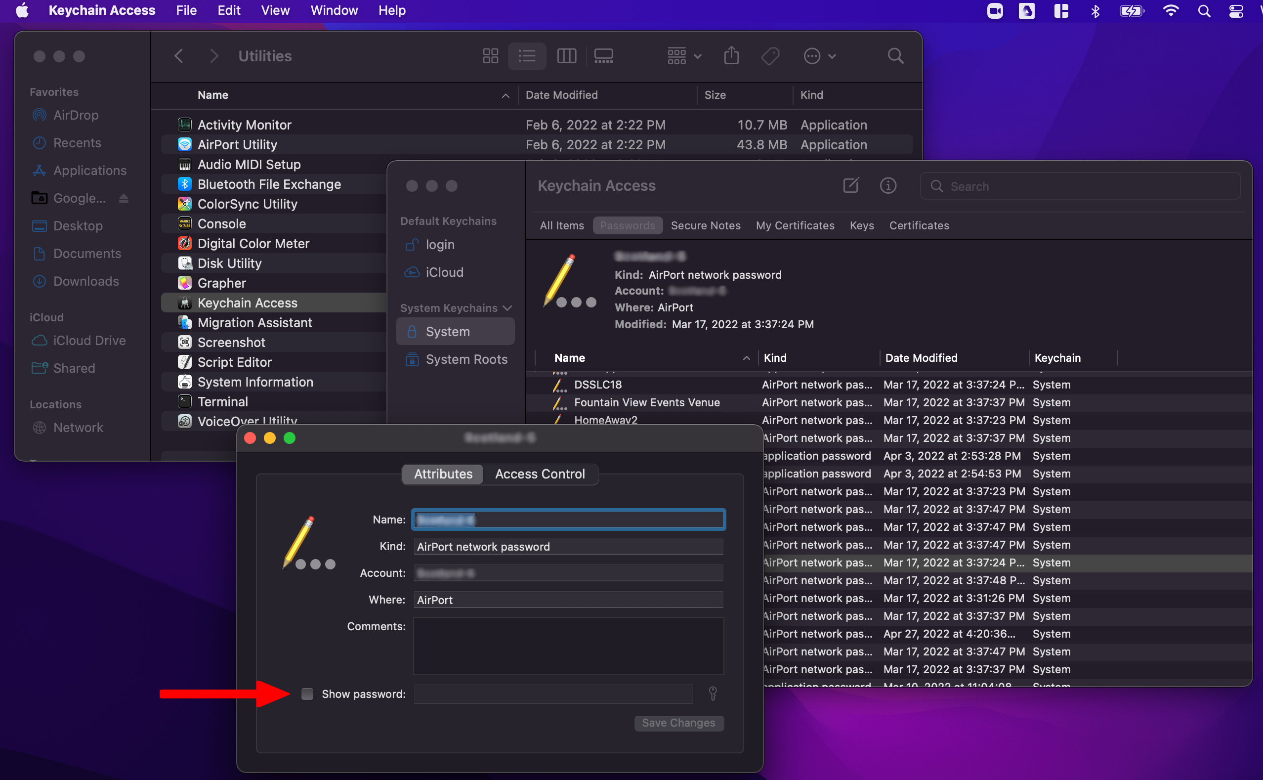 A screenshot of the Keychain Access app and Wi-Fi network details window on a Mac